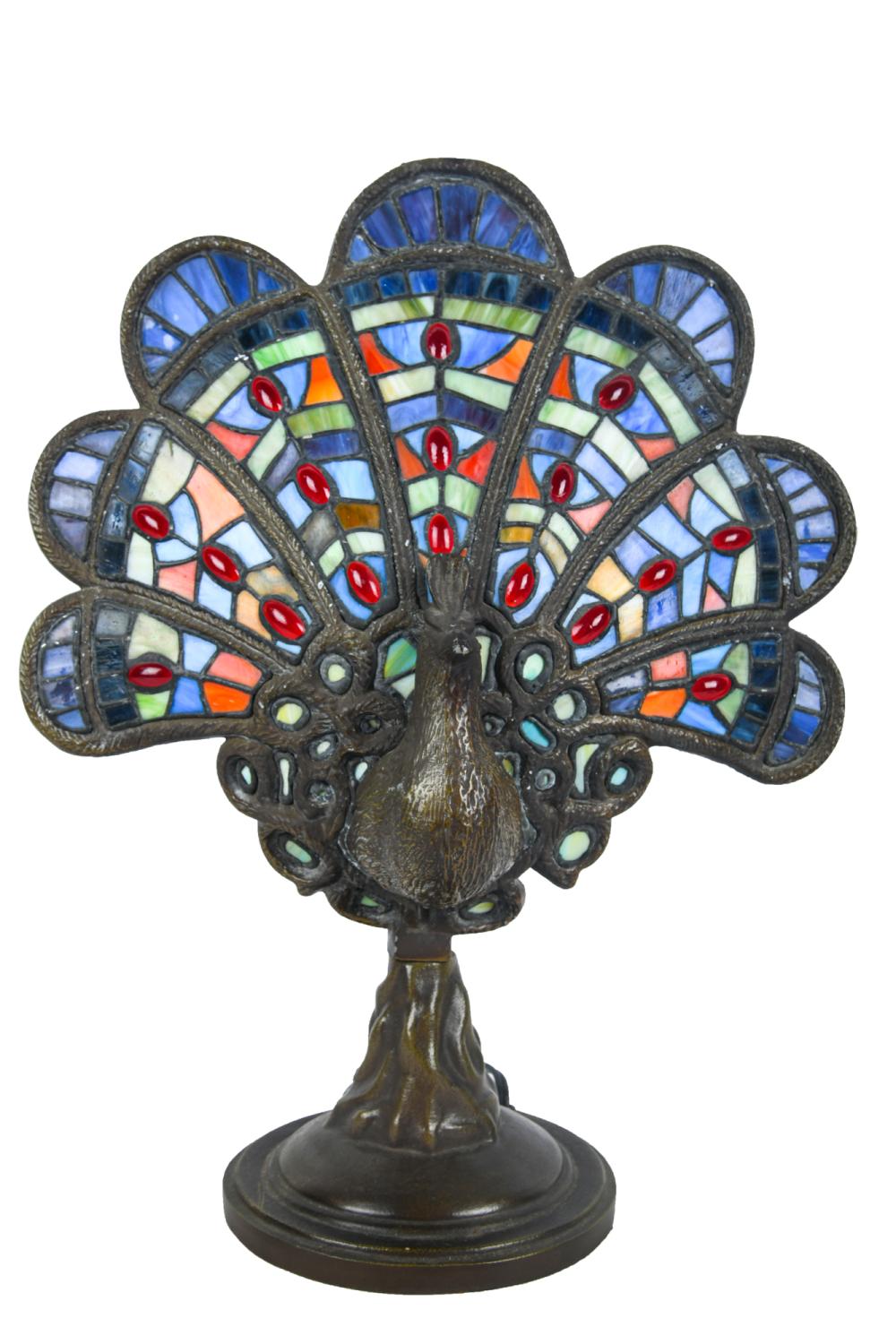 Appraisal: METAL PEACOCK FORM LEADED GLASS TABLE LAMPCondition some rubbed wear