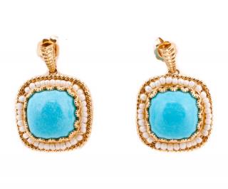 Appraisal: k Yellow Gold Turquoise Seeded Pearl Earrings Pair of ladies