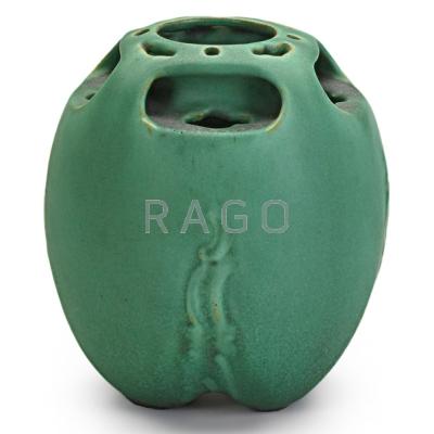 Appraisal: TECO Reticulated vase matte green glaze pooled charcoaling Terra Cotta