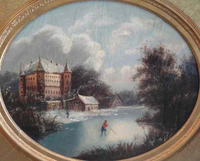 Appraisal: th Century Oval Oil on Canvas Winter Scenewith Figures In