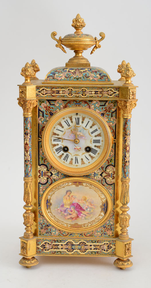 Appraisal: FRENCH PORCELAIN AND CLOISONN -MOUNTED GILT-METAL MANTLE CLOCK The in