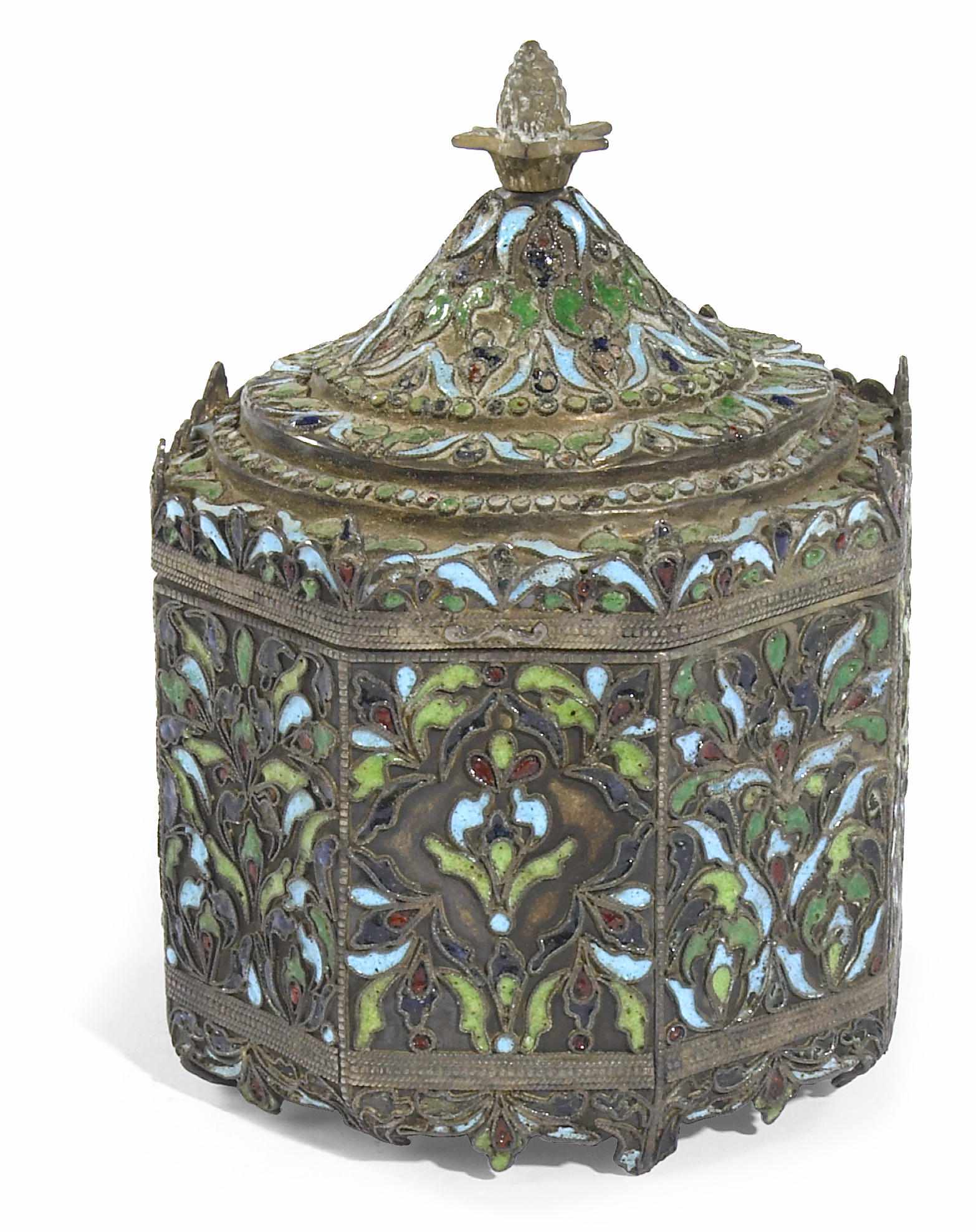 Appraisal: An enameled white metal octagonal box th century Possibly Russian