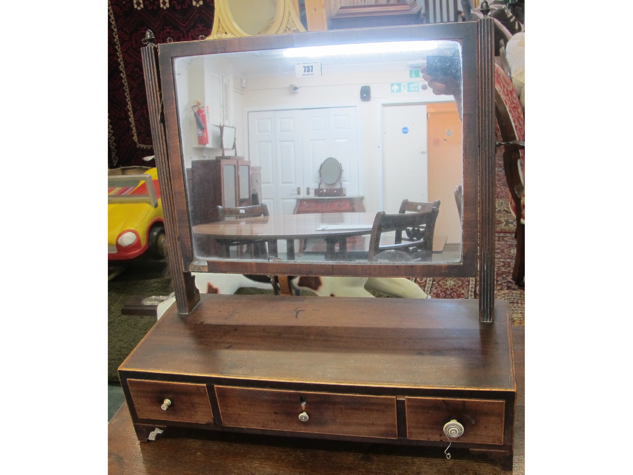 Appraisal: A mahogany Edwardian three drawer dressing mirror def