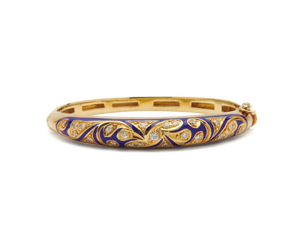 Appraisal: K Gold and Enamel Bracelet the hinged bangle bracelet inset