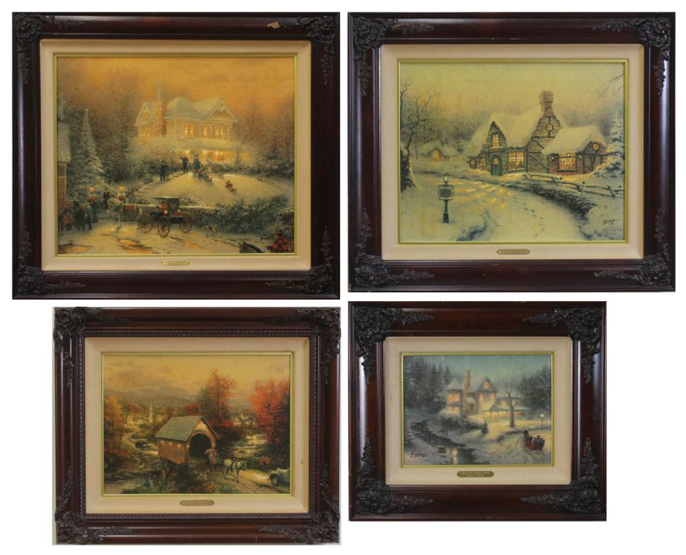 Appraisal: FOUR THOMAS KINKADE EMBELLISHED PRINTS ON CANVAS Country Memories Moonlite