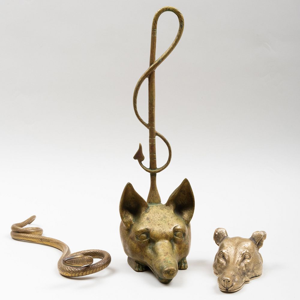 Appraisal: Three Animal Form Brass Articles Comprising A fox and whip