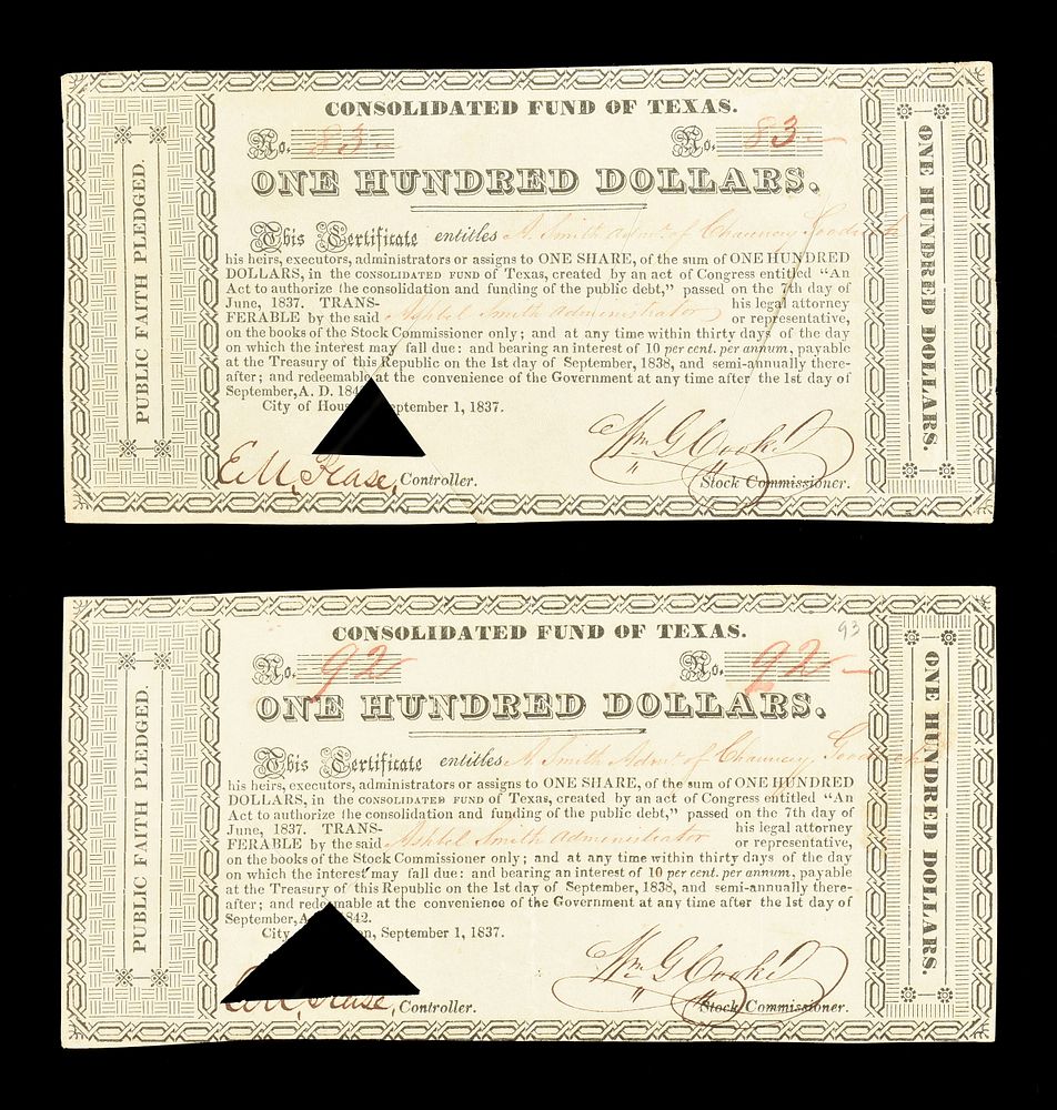 Appraisal: TWO REPUBLIC OF TEXAS NOTES CONSOLIDATED FUND OF TEXAS CERTIFICATE