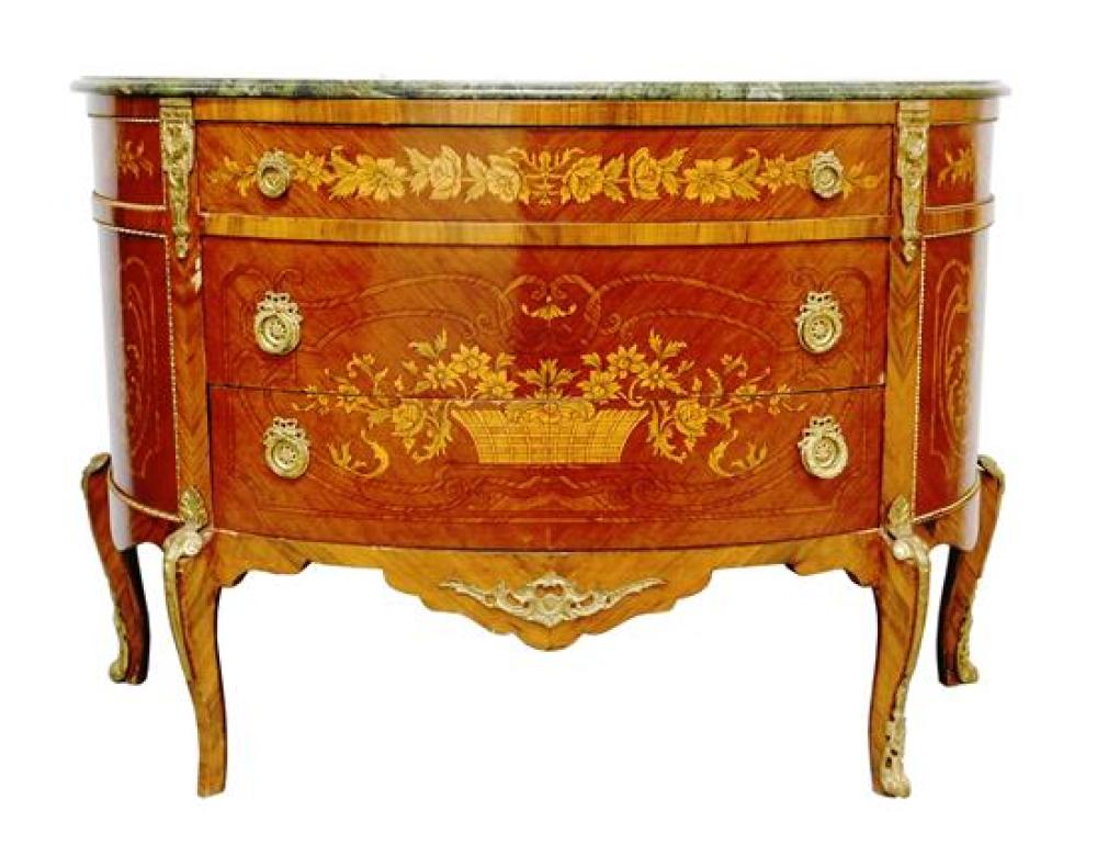 Appraisal: Louis XVI style commode demilune variegated green marble top floral