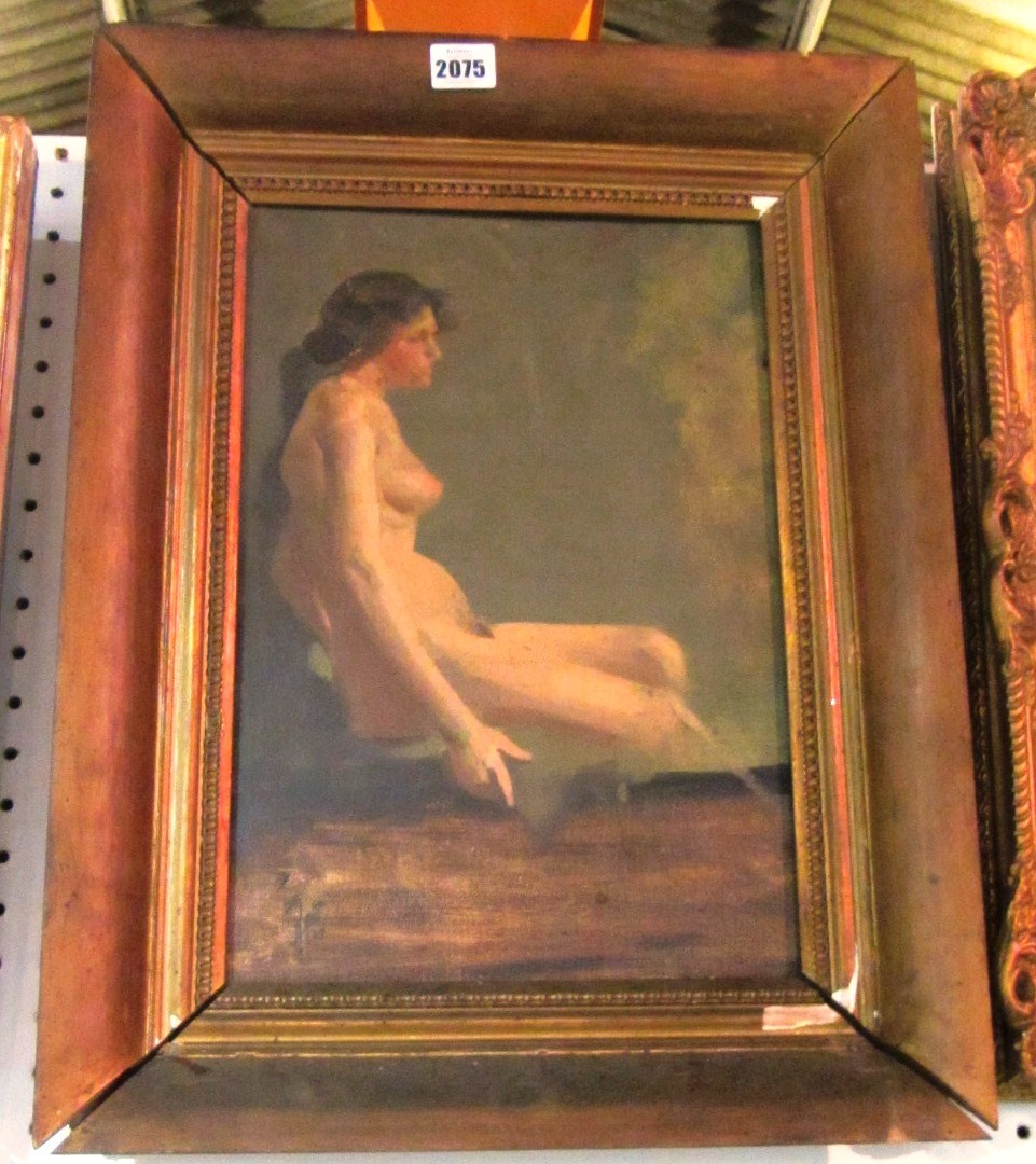 Appraisal: British School th century Crouching female nude oil on canvas