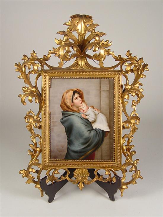 Appraisal: Madonna Child on Porcelain Early th Century Handpainted porcelain tile