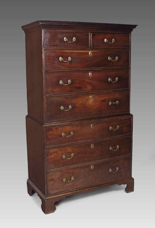 Appraisal: GEORGE III PERIOD MAHOGANY CHEST ON CHEST Top section with