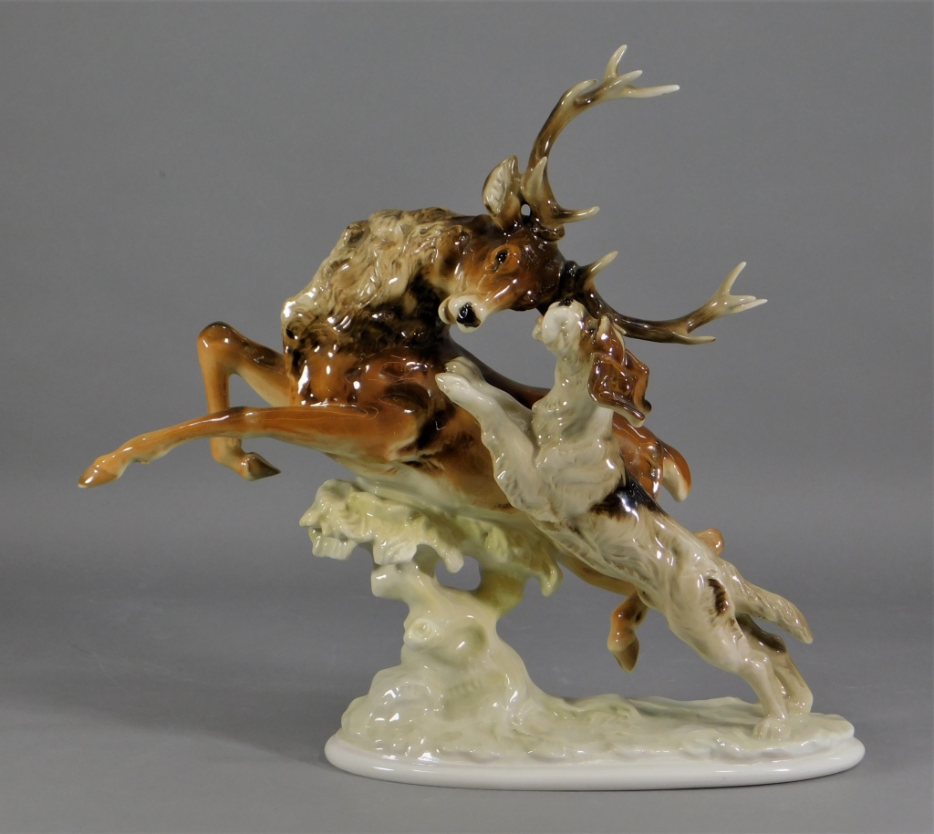 Appraisal: KARL TUTTER HUTSCHENREUTHER PORCELAIN DOG STAG Germany - Figural group