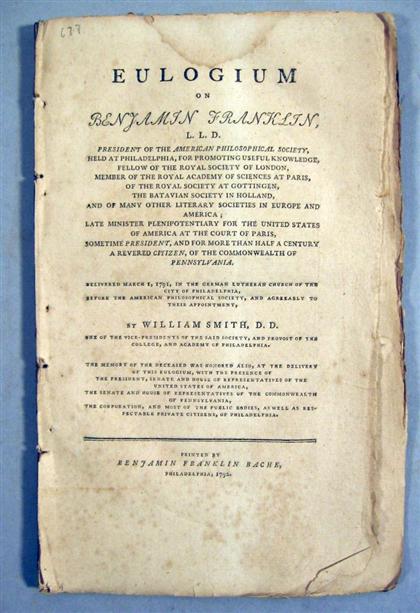 Appraisal: vol Franklin Benjamin Smith William Eulogium on Benjamin Franklin L