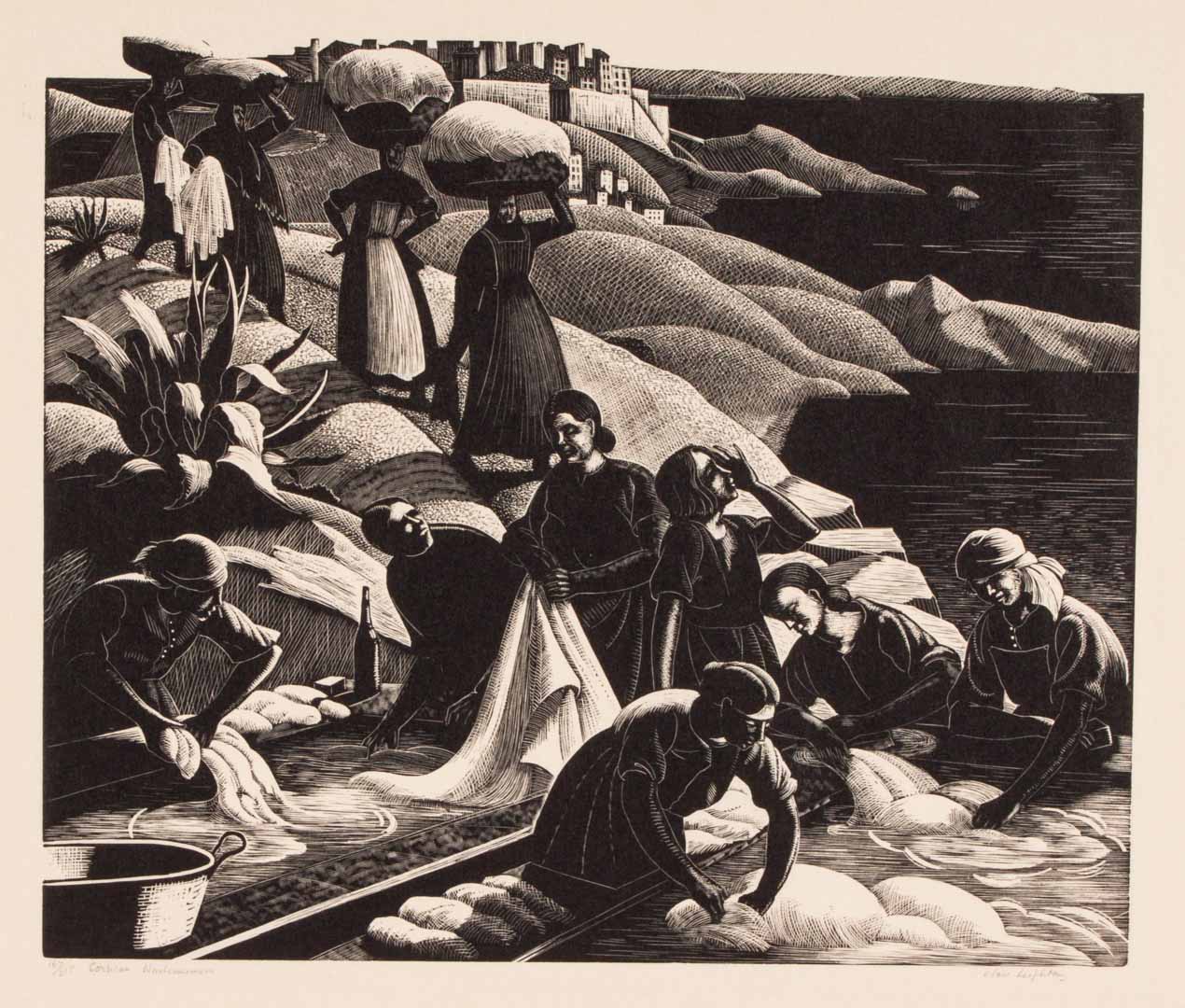 Appraisal: Claire Leighton Corsican Washerwomen woodcut British American - Ed signed