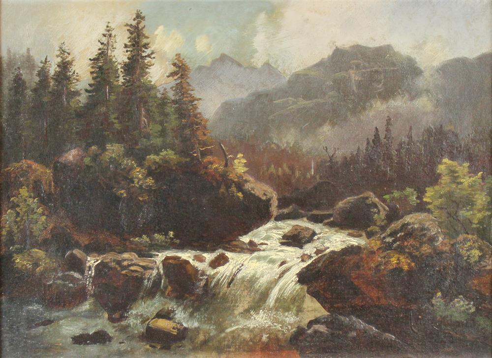 Appraisal: AMERICAN SCHOOL TH TH CENTURY MOUNTAIN RIVER Oil on canvas