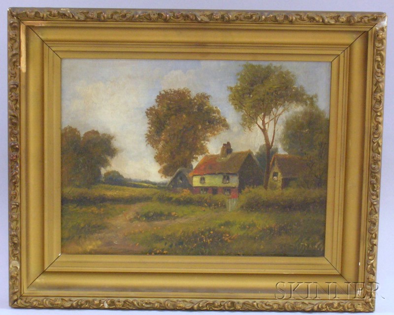 Appraisal: Framed Oil on Canvas Country Landscape with Cottage signed l