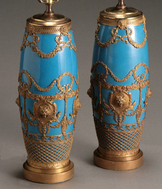 Appraisal: Pair of Continental Gilt Metal Mounted Blue Glazed Ceramic Table