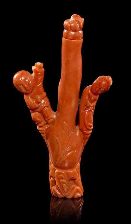 Appraisal: A Carved Coral Snuff Bottle having three branches depicting a