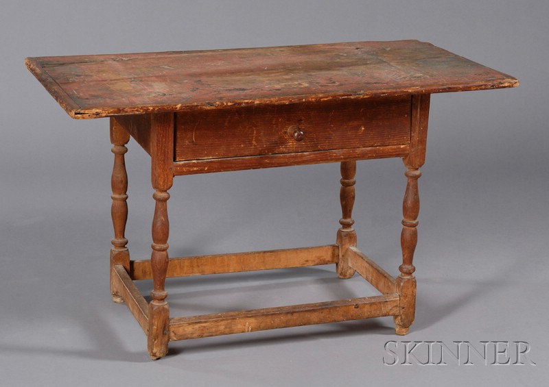 Appraisal: Red-painted Turned Pine and Ash Stretcher-base Tavern Table New England