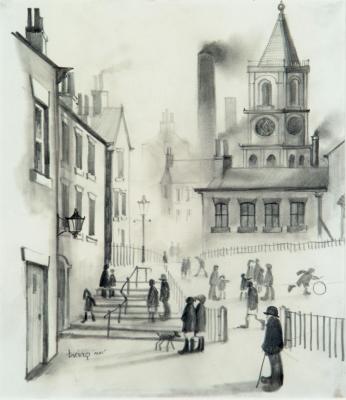 Appraisal: BRIAN A SHIELDS Braaq Street Scene with figures pencil drawing