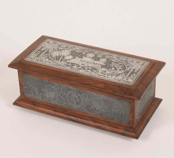 Appraisal: Footed wooden box with metal panels five etched metal panels