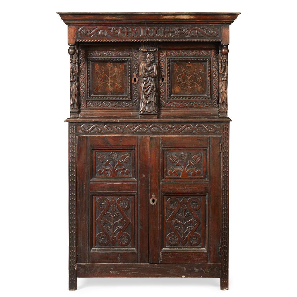 Appraisal: CARVED OAK AND MARQUETRY COURT CUPBOARD TH CENTURY INCORPORATING SOME