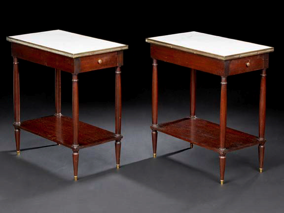 Appraisal: Pair of Louis XVI-Style Mahogany and Marble-Top End Tables late