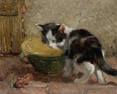 Appraisal: ADAM JULIUS Munich Kitten feeding Oil on panel Signed upper