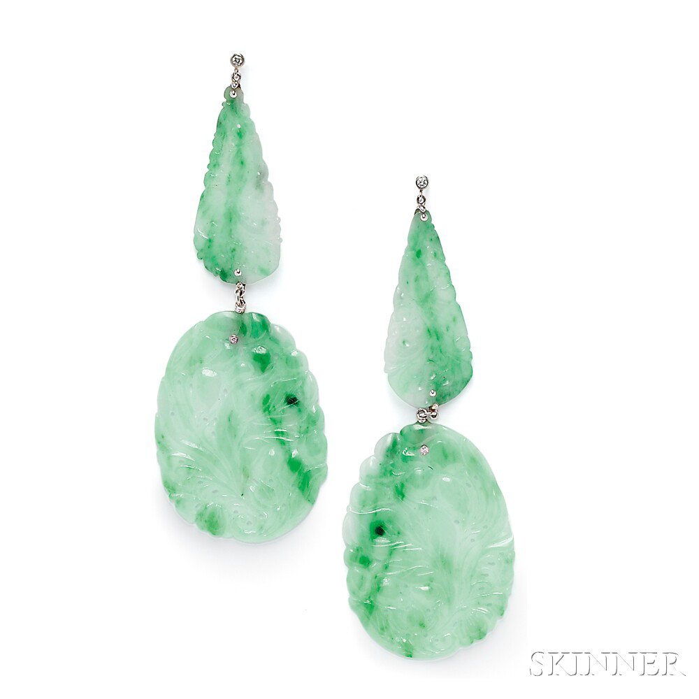 Appraisal: kt White Gold Jade and Diamond Earpendants each with carved