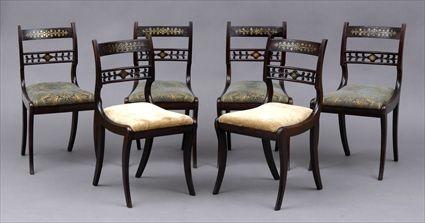 Appraisal: SIX REGENCY BRASS-INLAID ROSEWOOD GRAINED DINING CHAIRS Each curved top