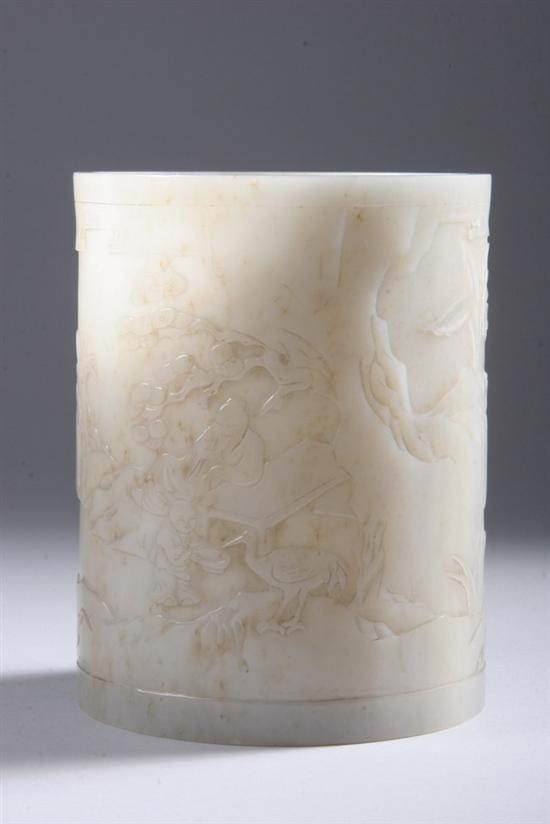 Appraisal: CHINESE JADE BRUSH POT th century Cylindrical-form carved in low