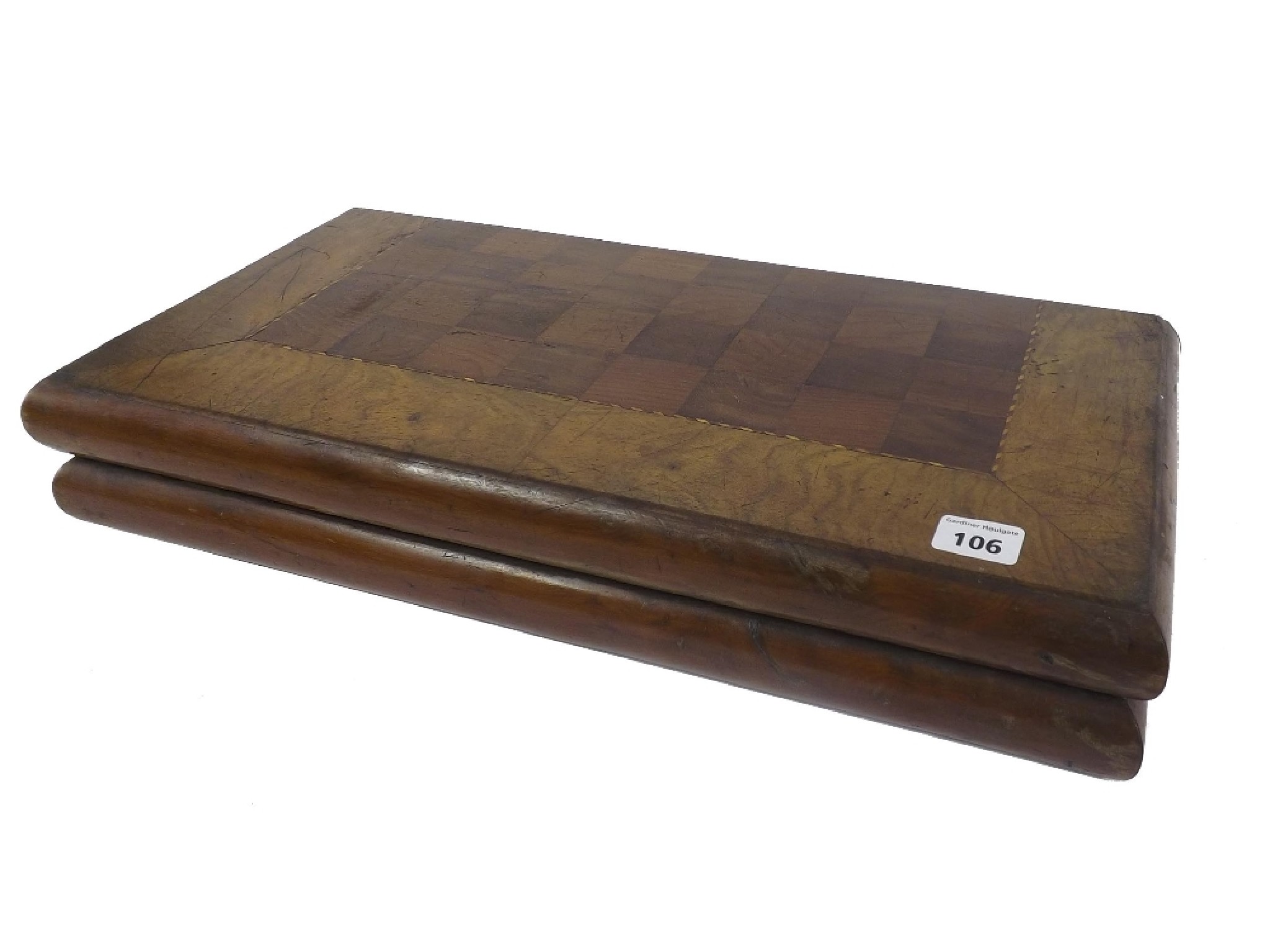 Appraisal: th century walnut inlaid folding games box for chess backgammon