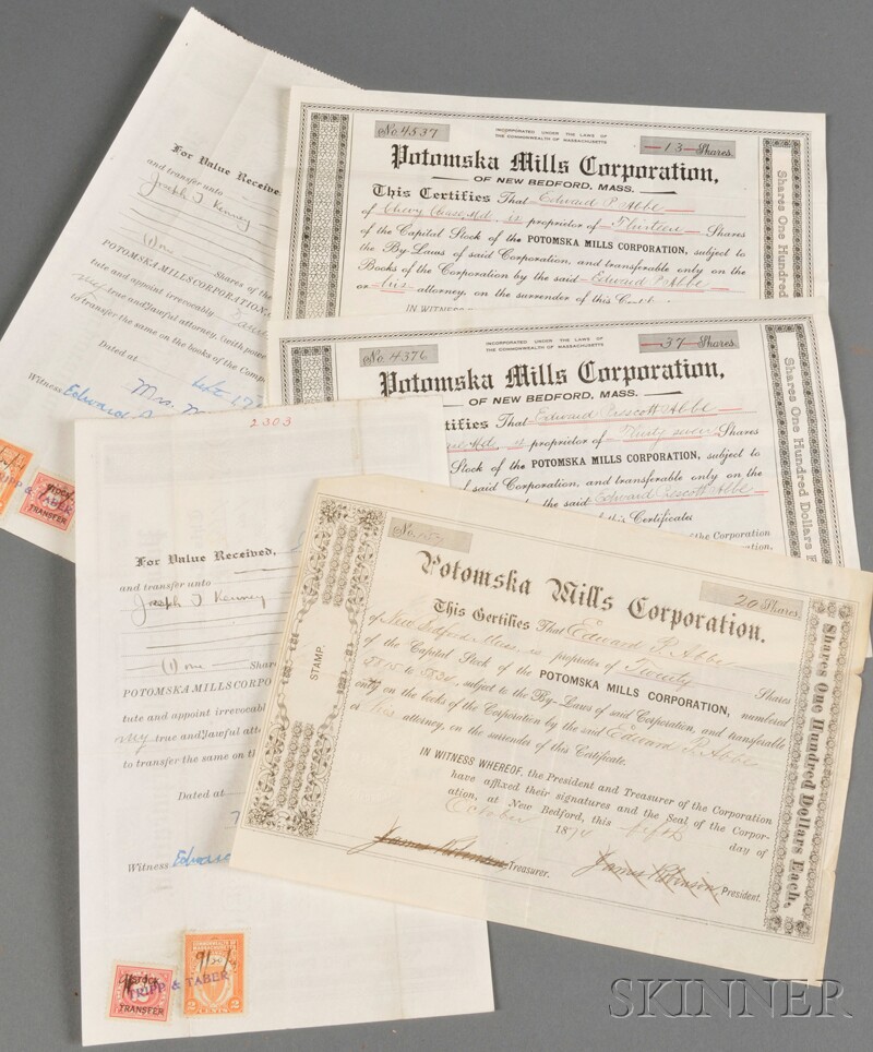 Appraisal: Large Group of Potomska Mills Stock Certificates New Bedford Massachusetts