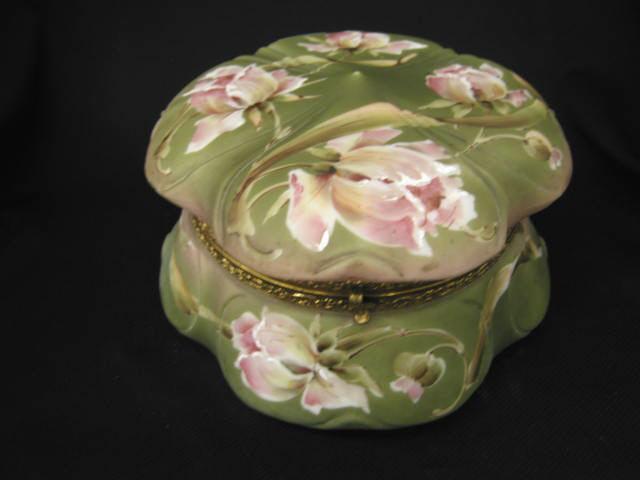 Appraisal: Nakara Art Glass Dresser Box elegant floral puffy form green