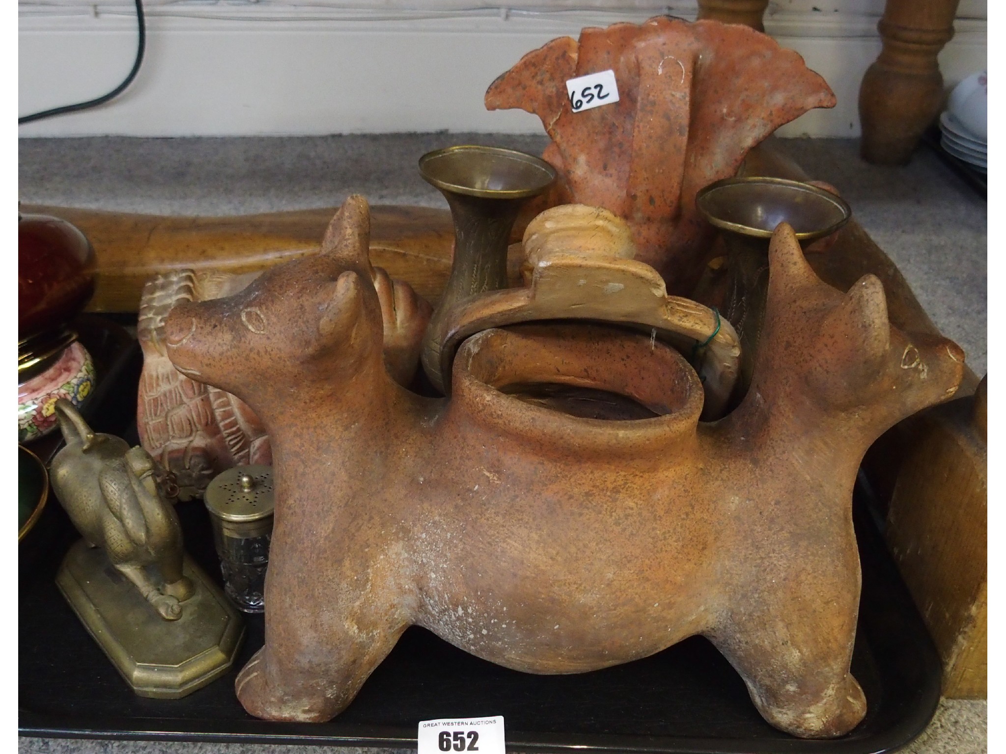 Appraisal: Tray comprising brasswares and terracotta pottery figures