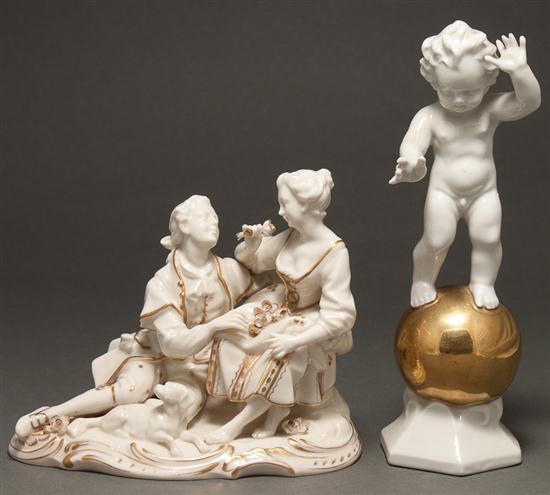 Appraisal: German porcelain figure of a putti on gilded orb and