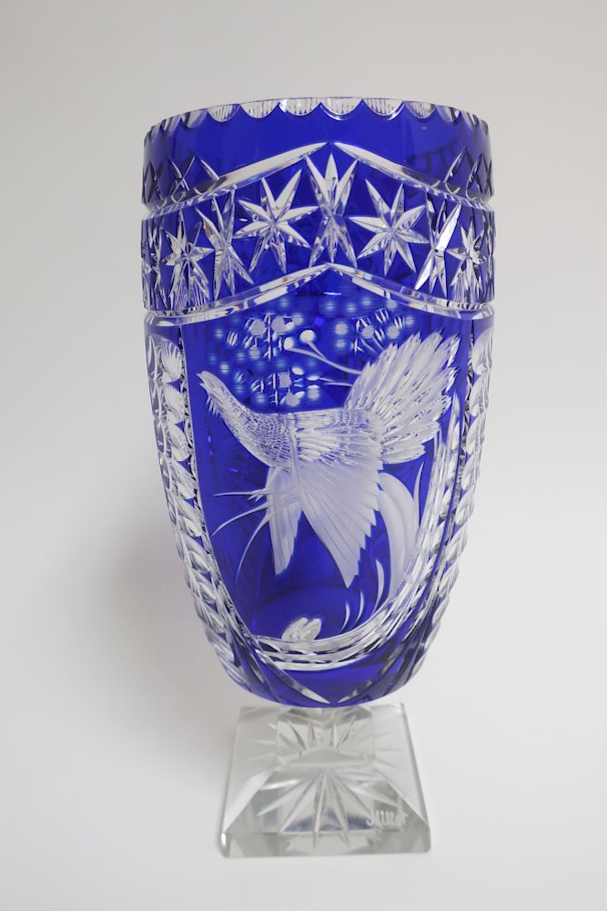 Appraisal: Large Cobalt Cut to Clear Crystal Vase Hand-Signed Heavy Crystal