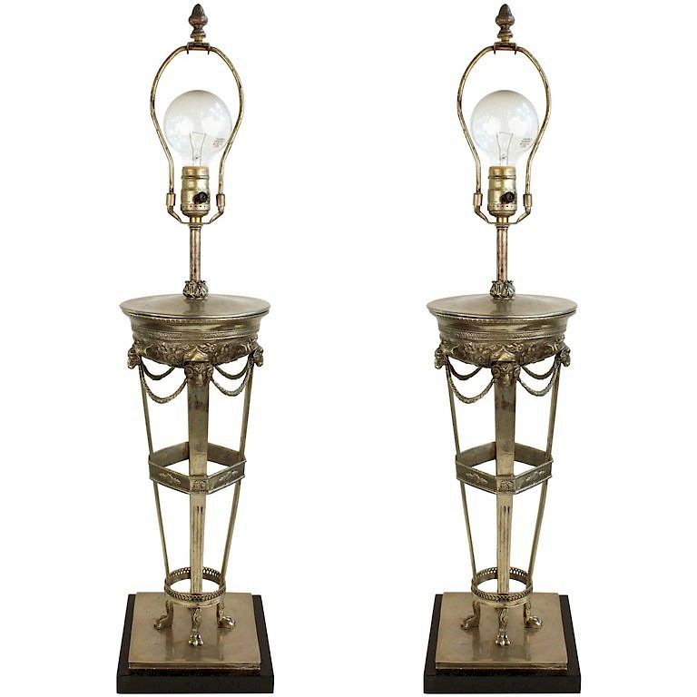 Appraisal: Neoclassical Style Metal Ram Head Table Lamps Pair Pair of