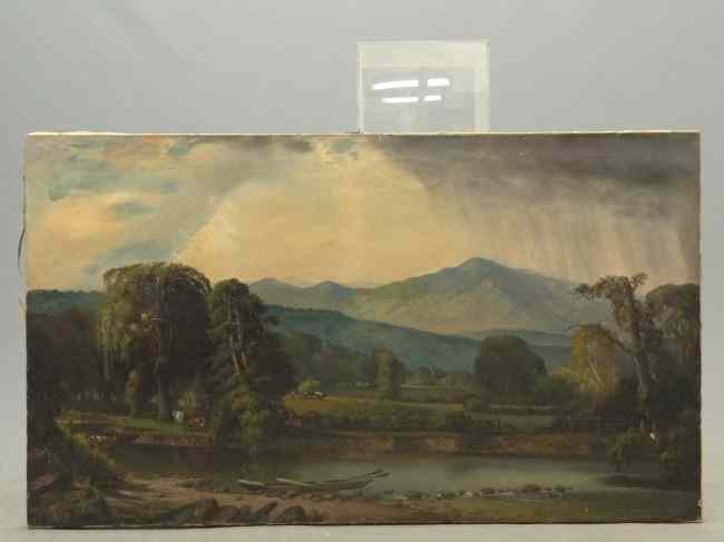 Appraisal: th c oil on canvas pastoral landscape with river boat