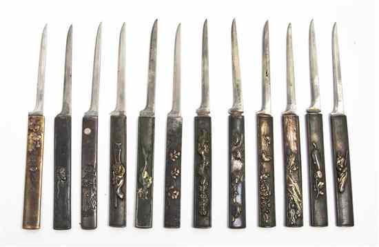 Appraisal: A Set of Twelve Japanese Mixed Metal Fruit Knives with