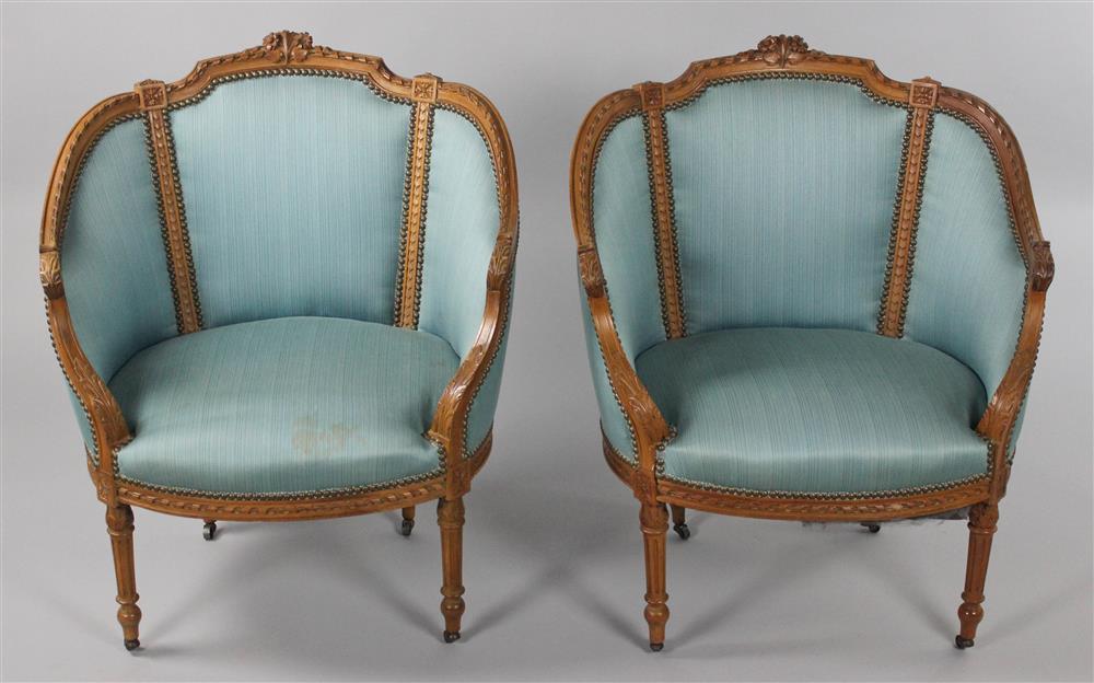 Appraisal: PAIR OF LOUIS XVI STYLE CARVED FRUITWOOD BERGERES third quarter