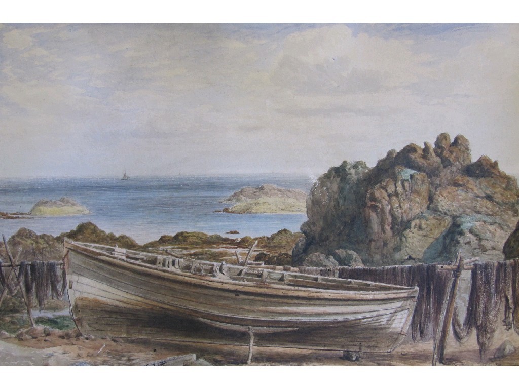 Appraisal: JOHN NESBITT - Watercolour coastal scene with a beached boat