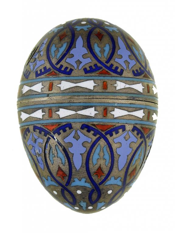 Appraisal: A RUSSIAN FROSTED SILVER AND CHAMPLERE ENAMEL EGG SHAPED BOX