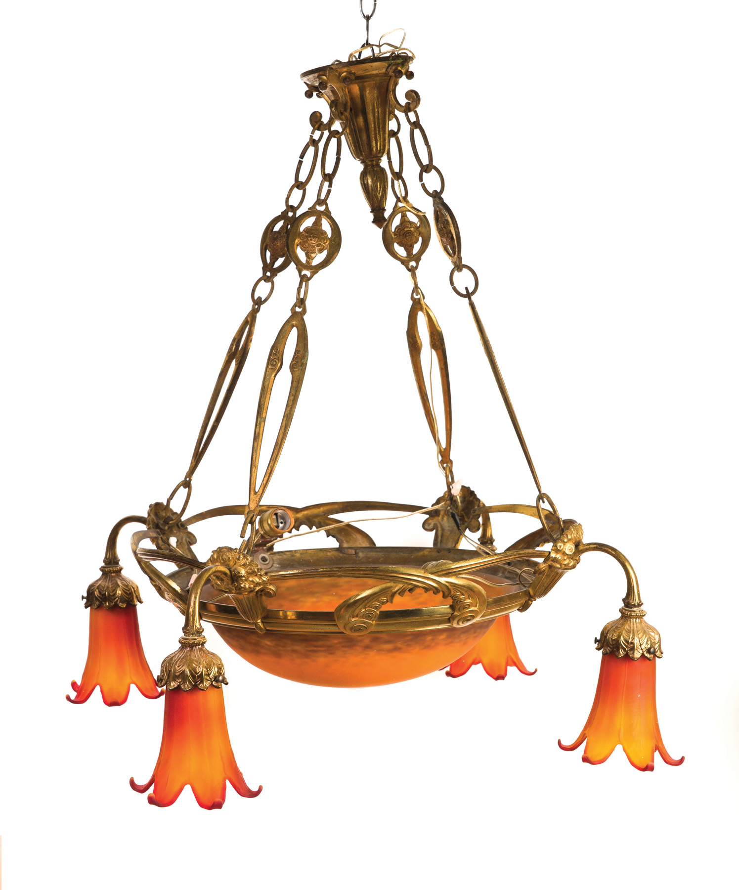 Appraisal: HEAVILY CAST FIRE GILDED BRASS ART NOUVEAU CHANDELIER WITH GLASS