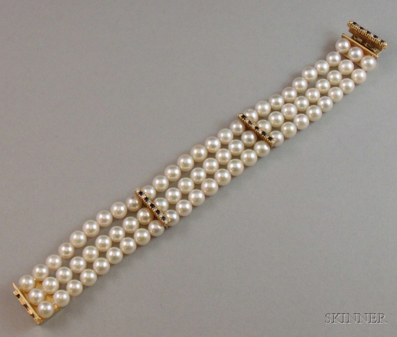 Appraisal: Triple-strand Pearl Bracelet mid- th century with spacers set with