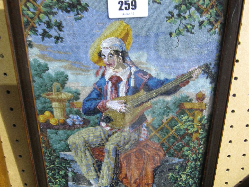 Appraisal: Framed tapestry picture of a man playing a mandolin