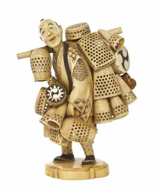 Appraisal: A Japanese Carved Ivory Okimono of a Basket Seller the