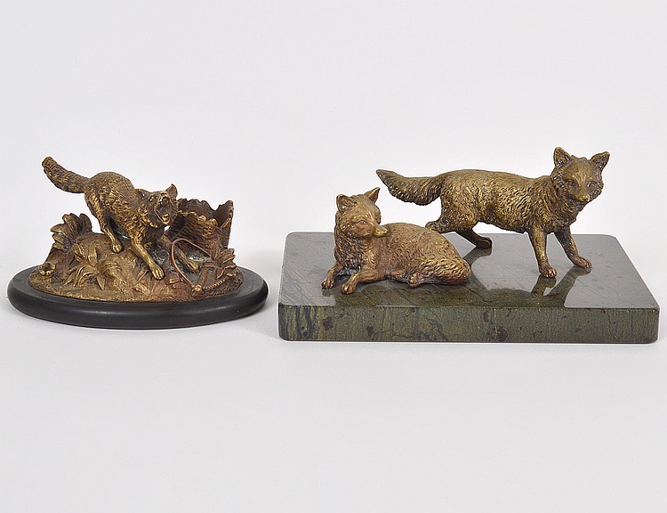 Appraisal: TWO CONTINENTAL PATINATED BRONZE FOX GROUPSLate th Early th Century