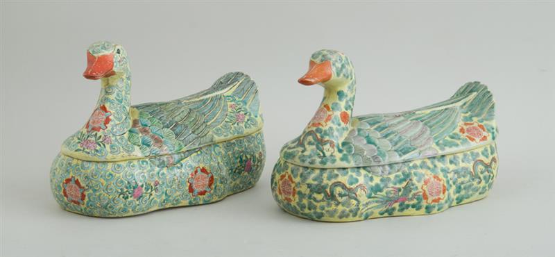 Appraisal: ASSEMBLED PAIR OF CHINESE YELLOW-GROUND FAMILLE ROSE PORCELAIN DUCK TUREENS