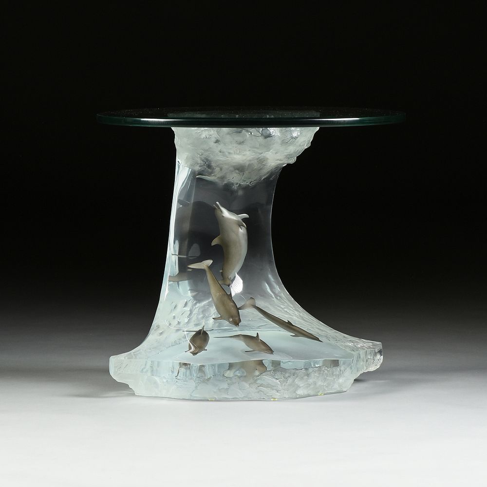 Appraisal: ROBERT WYLAND American b A SCULPTURE DOLPHIN WAVE TABLE SPECIAL